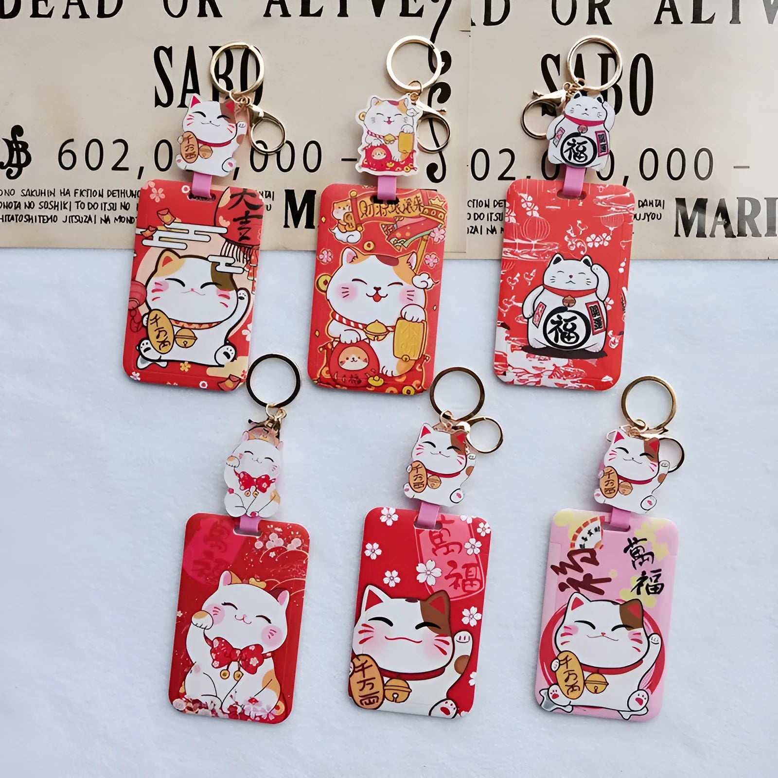 Lucky Cat cartoon style certificate sleeve set with plastic card holder and hanging pendant