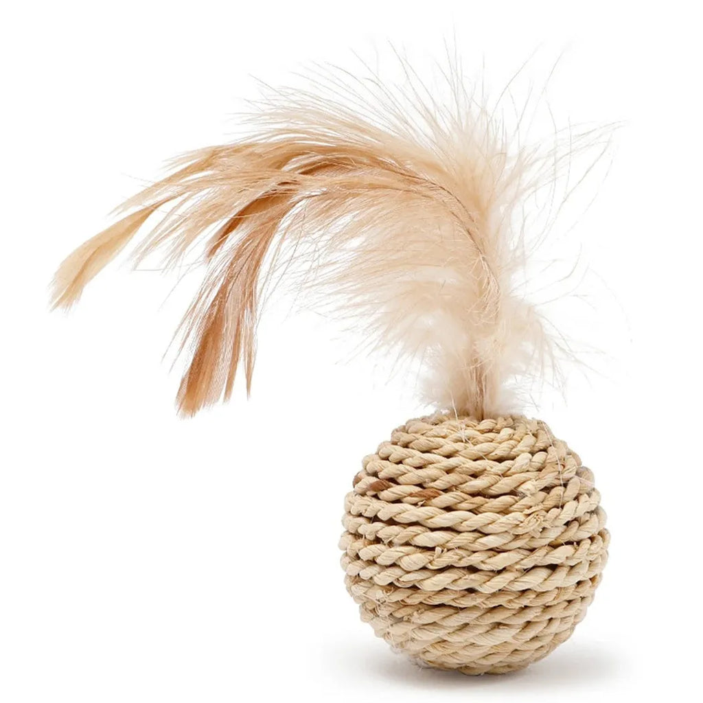 Two cat toys: rattan ball with bell and faux feather ball on rattan base for interactive feline play