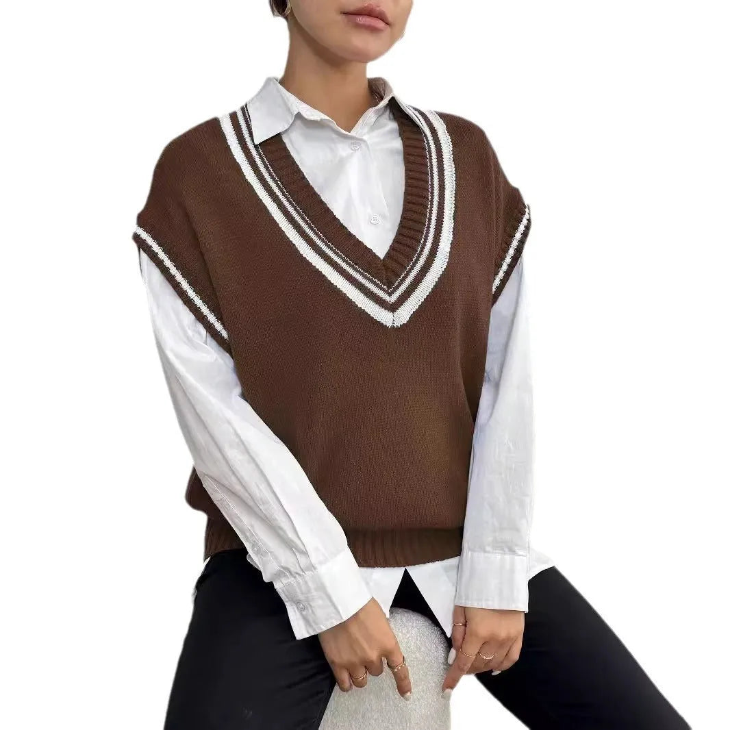 Women's loose fit pullover vest sweater in blue, coffee, or black colours