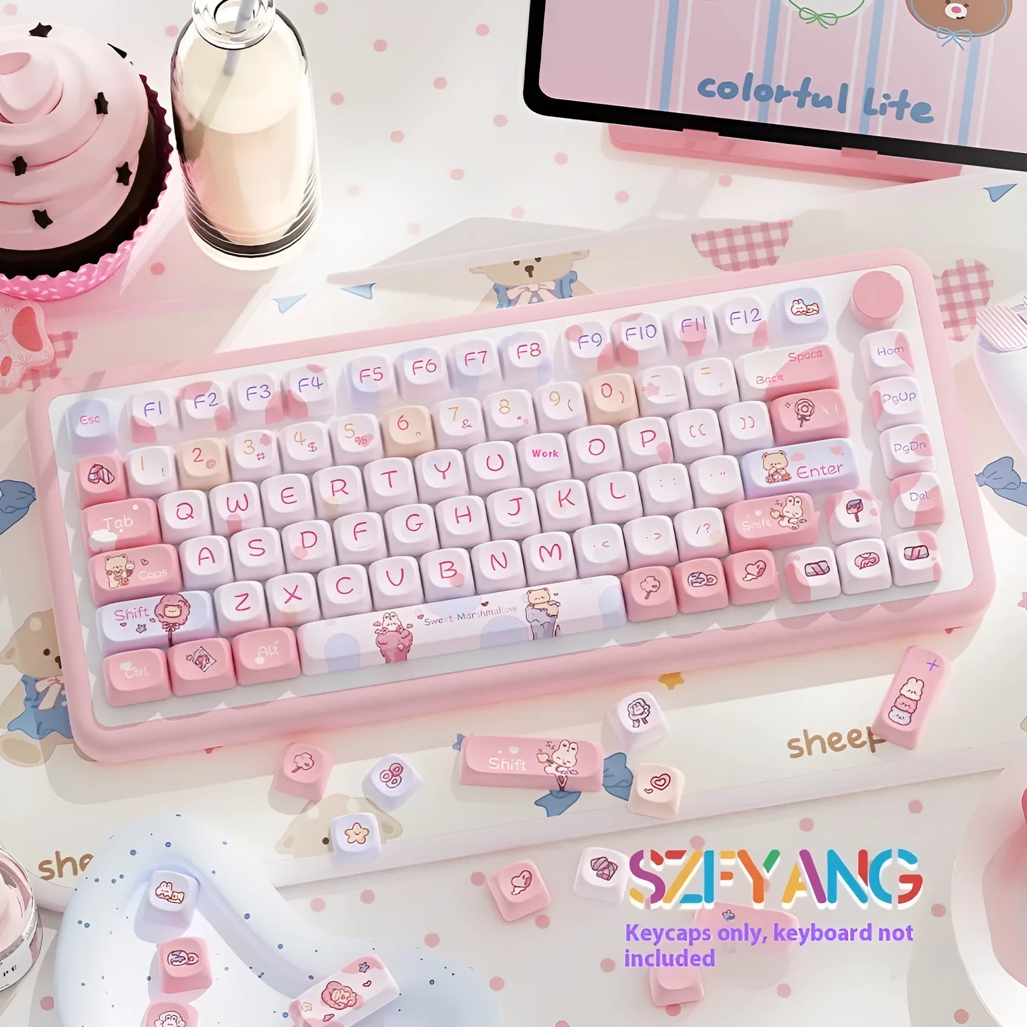 Sweet cotton candy coloured mechanical keyboard keycap set showing pastel keys for 112 and 120 key layouts.