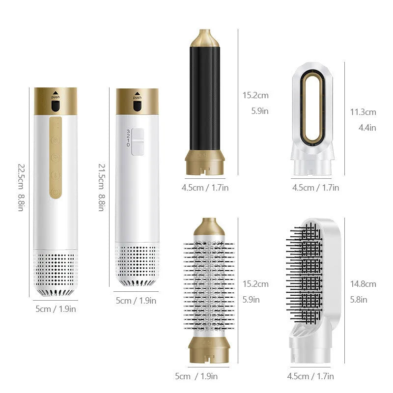 Hot air comb with six styling attachments in leather case, dark blue or white colour options