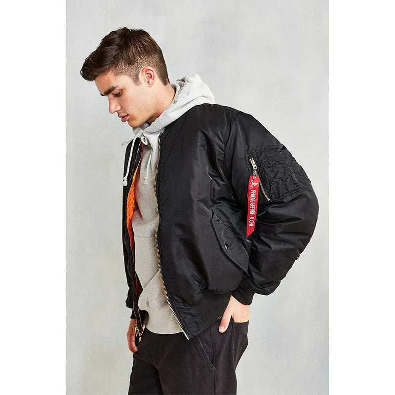 Men's loose-fit cotton-padded pilot jacket in army green, made from double-sided nylon fabric.