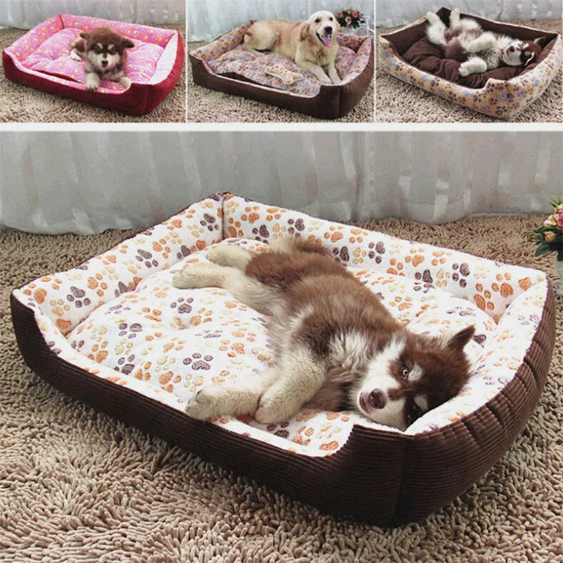 Beige plush pet dog bed with raised sides, shown next to a small dog.