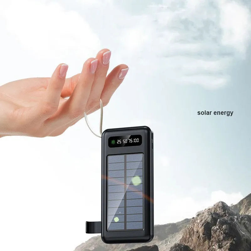 Cool black and ivory white solar power bank showing front view with USB ports and solar panel line.
