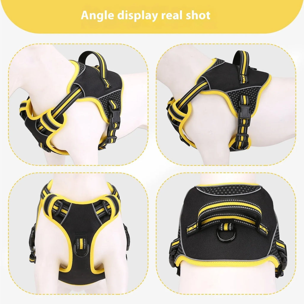 Yellow and orange dog harness and leash set with anti-breaking traction strap for outdoor training