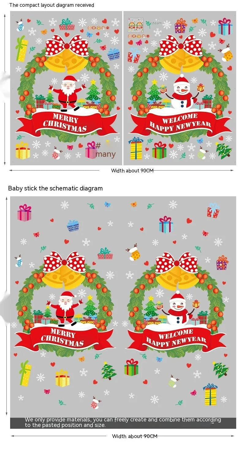 Two large 60x45cm PVC electrostatic Christmas wall stickers with cartoon patterns for glass windows