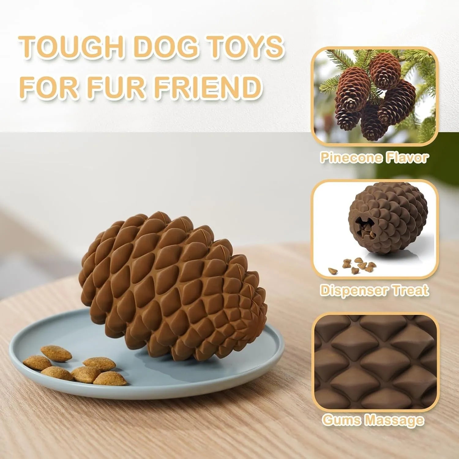 Yellow pine cone shaped rubber dog chew toy with treat dispenser hole