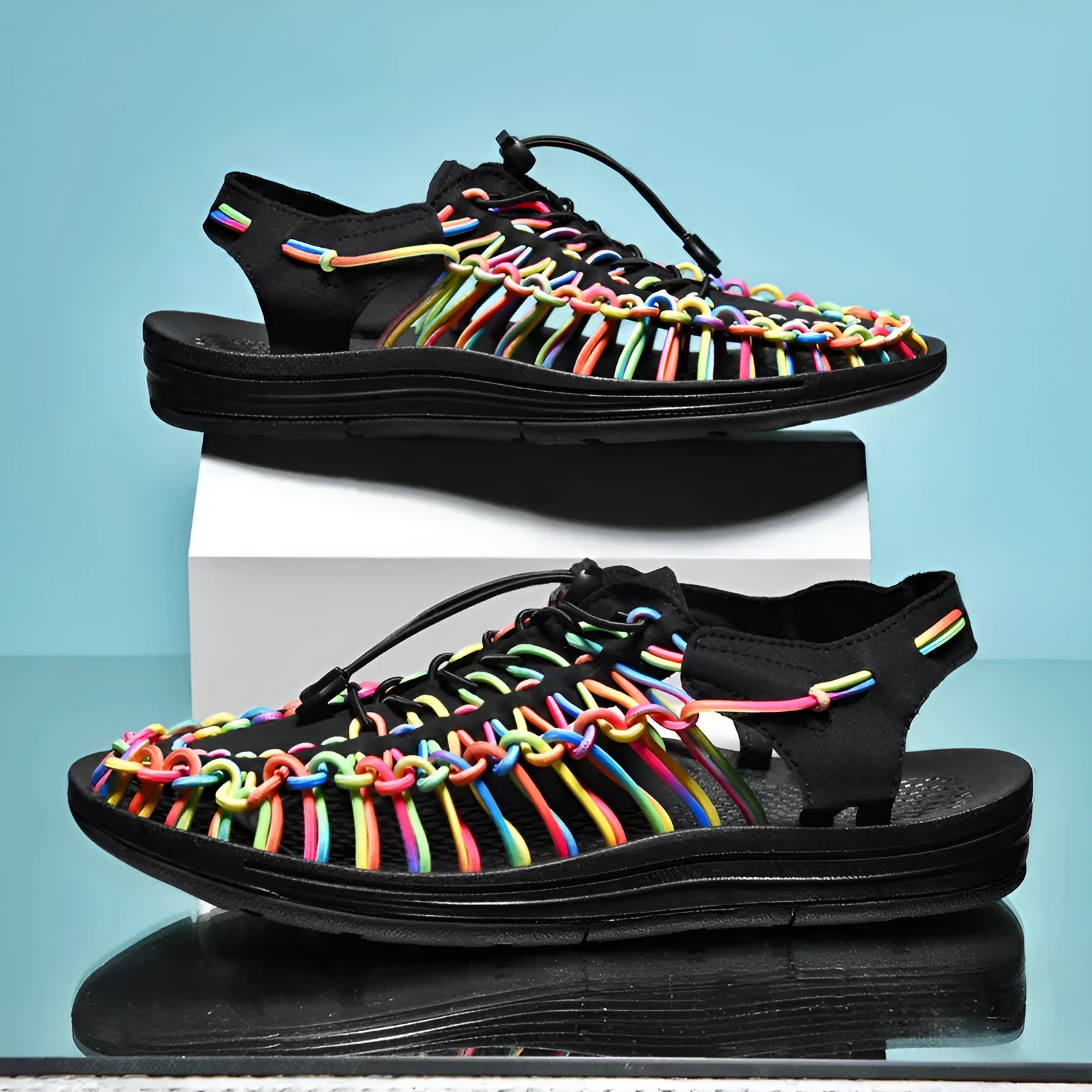 Woven Roman sandals with drawstring tie in rainbow colour pattern
