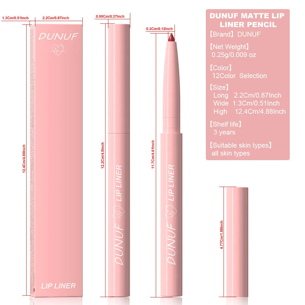 Velvet matte lip liner pencil in 12 different colour options for precise lip definition