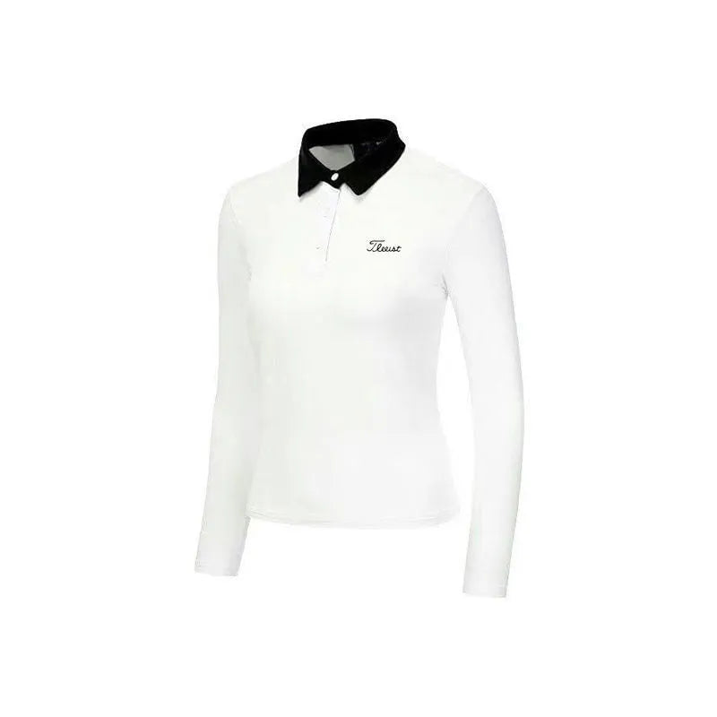 Women's long sleeve golf top in black with slim athletic fit for outdoor sports sun protection