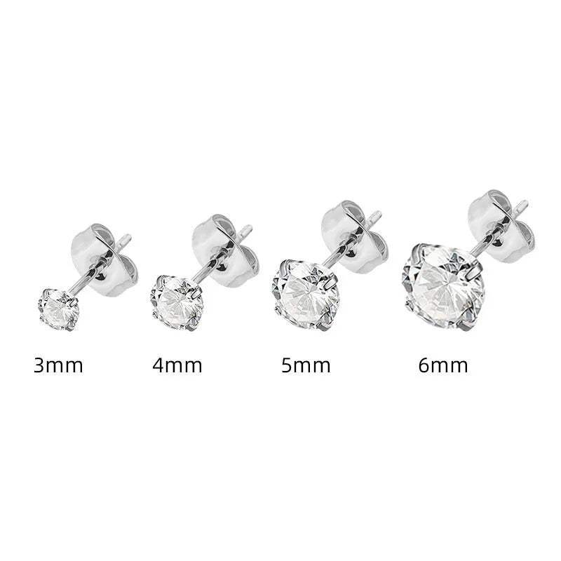 Square geometric stainless steel stud earrings with a single round zircon stone in gold or steel colour.
