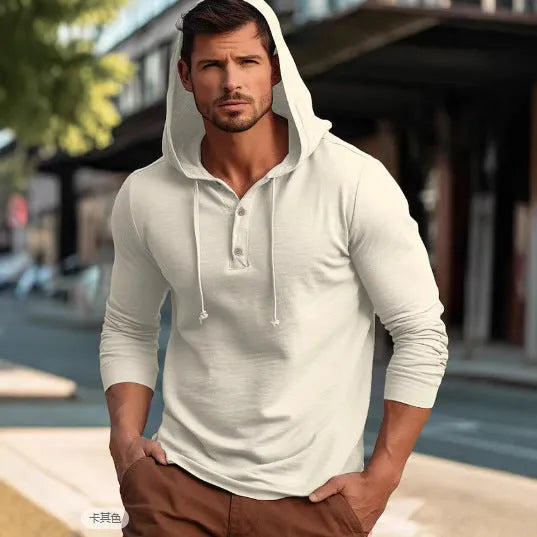 Men's casual pullover hoodie in cotton, shown in one of six colour options