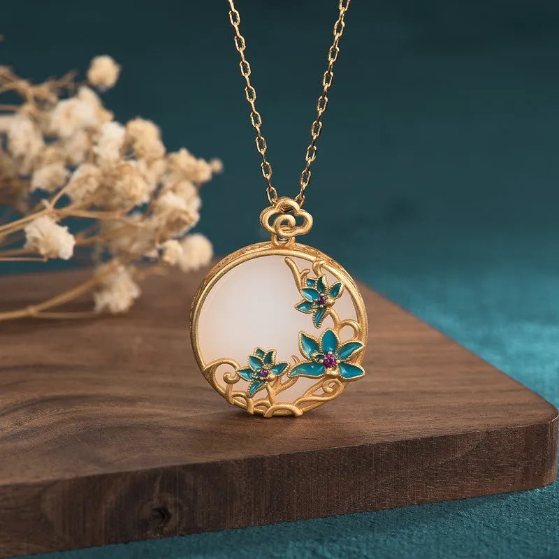 Gold-plated Hetian jade peace buckle necklace on woman, O-ring chain, 41-50cm adjustable, mixed gem inlay, retro style