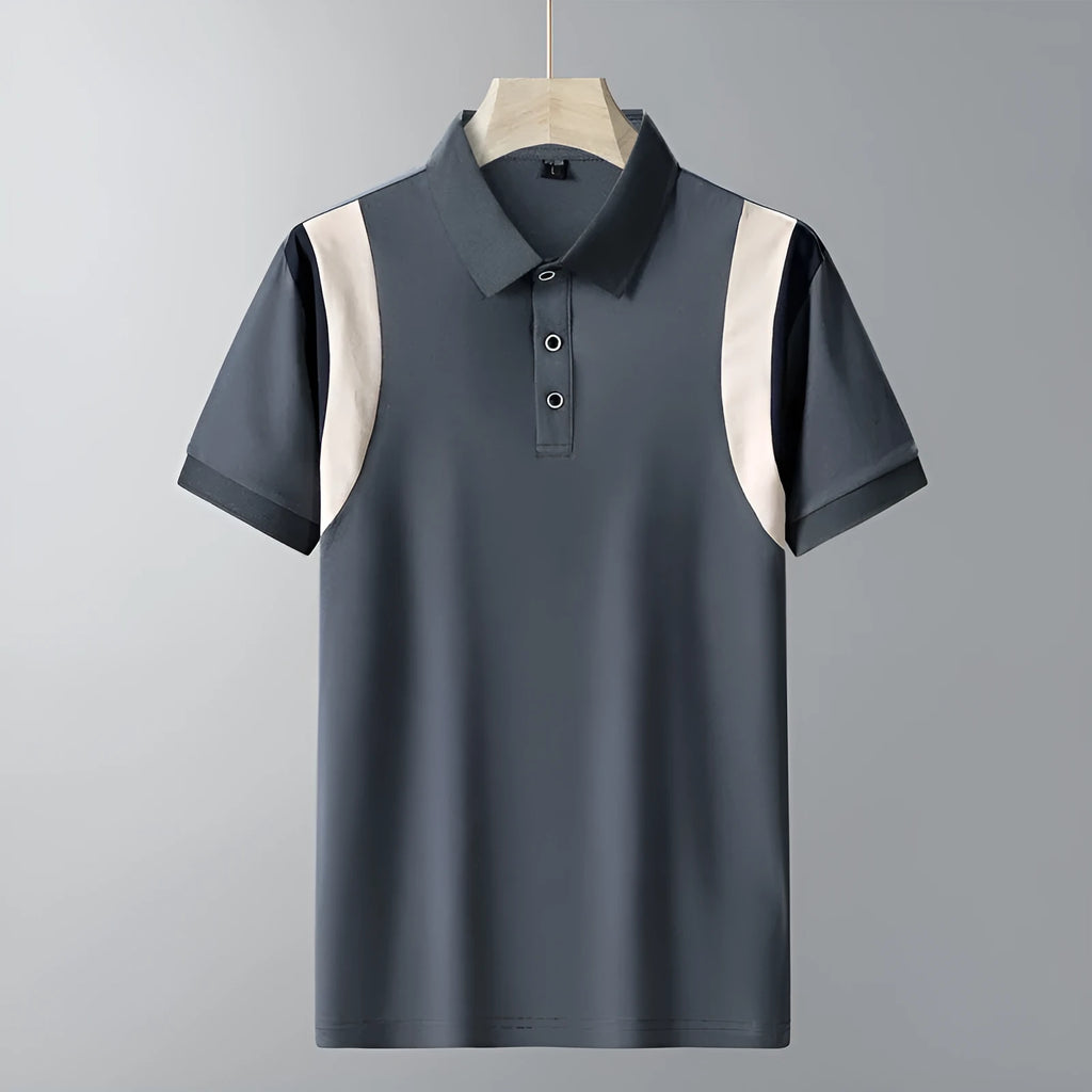 Men's striped cotton t-shirt with a business lapel collar, shown in a loose fit with short sleeves.