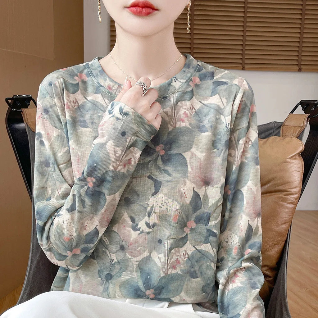 Round neck Tencel Cotton pullover shirt with floral printed design in regular sleeve style