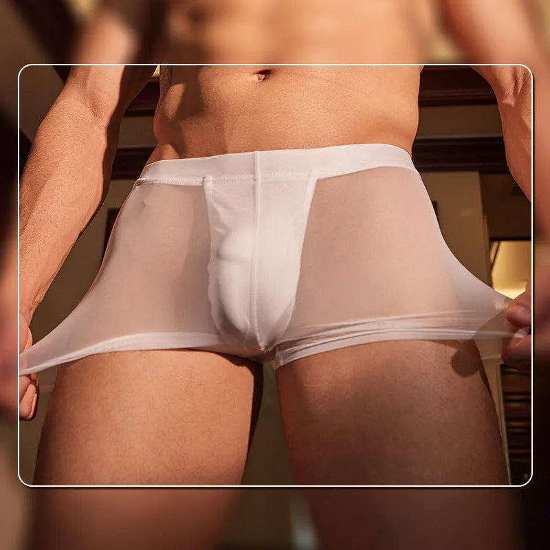 Men's black and white ultra-thin nylon boxer briefs shown flat.