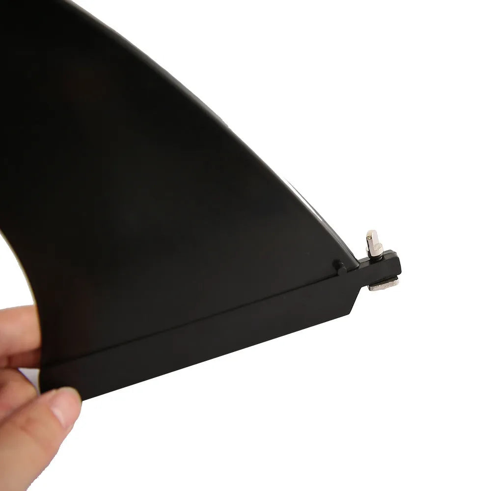 SUP paddle with large removable plastic fish fins showing screw attachment system