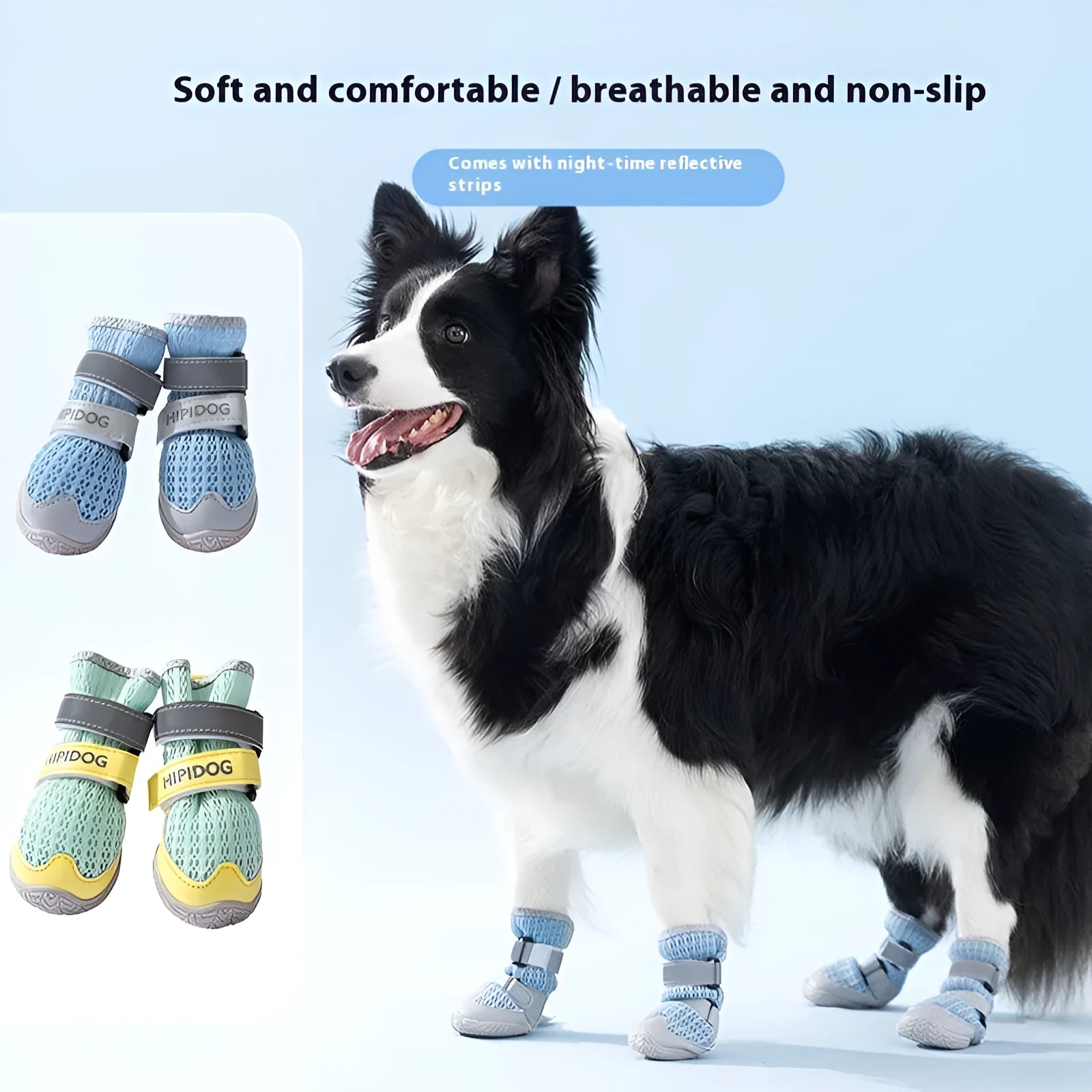 Pair of blue cartoon-style dog shoes made from PU material for summer paw protection.