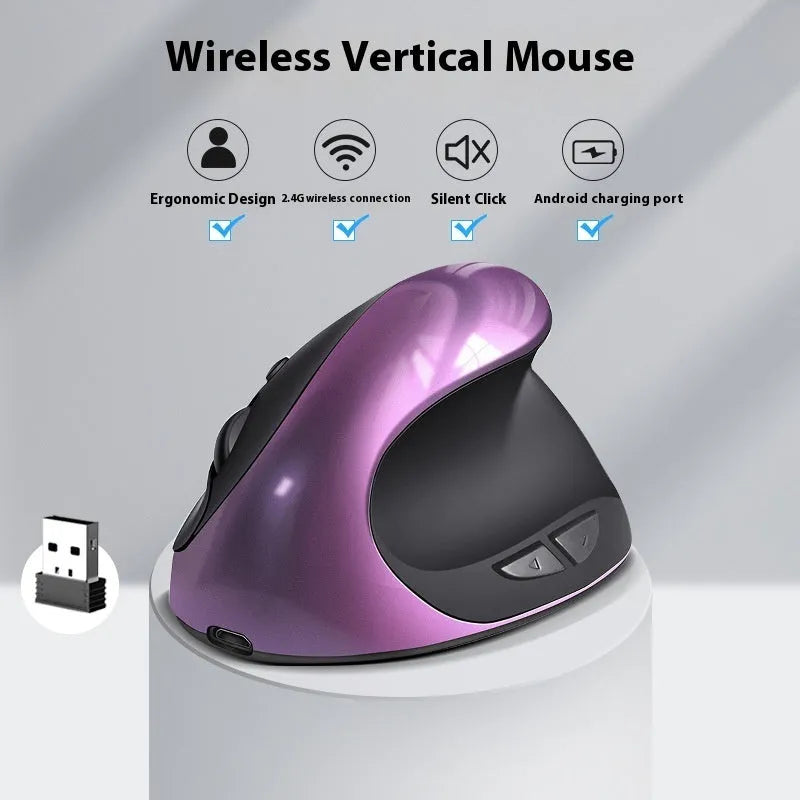 Vertical ergonomic computer mouse in red with wireless charging port on front.
