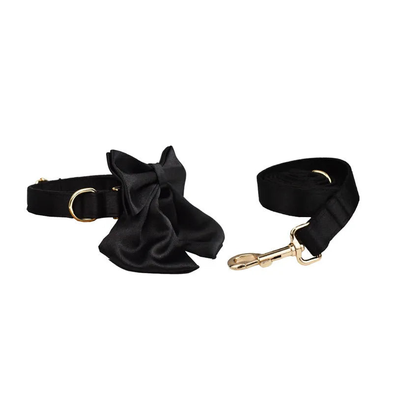 Cloth fabric dog walking set with collar, chest harness, leash and decorative bow accessory