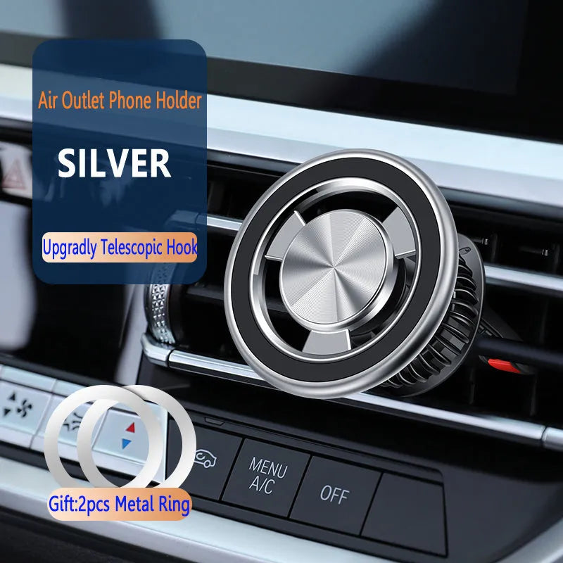 Black car air vent magnetic phone holder with adjustable clip and magnetic attachment