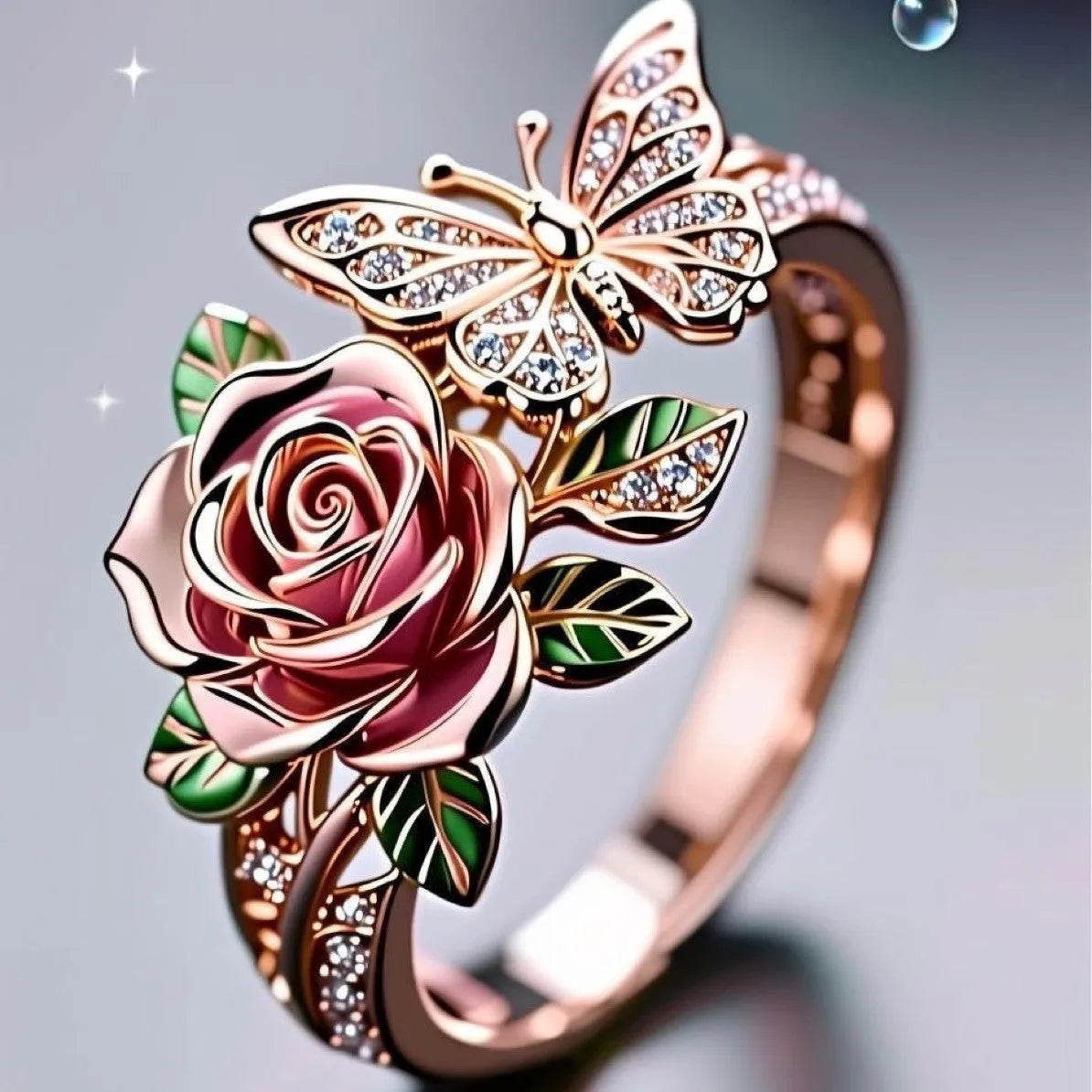 Adjustable colourful butterfly ring with oil drip finish and rose leaf details on alloy band