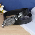 Men's leather belt with detailed cow head buckle in black or brown colour options