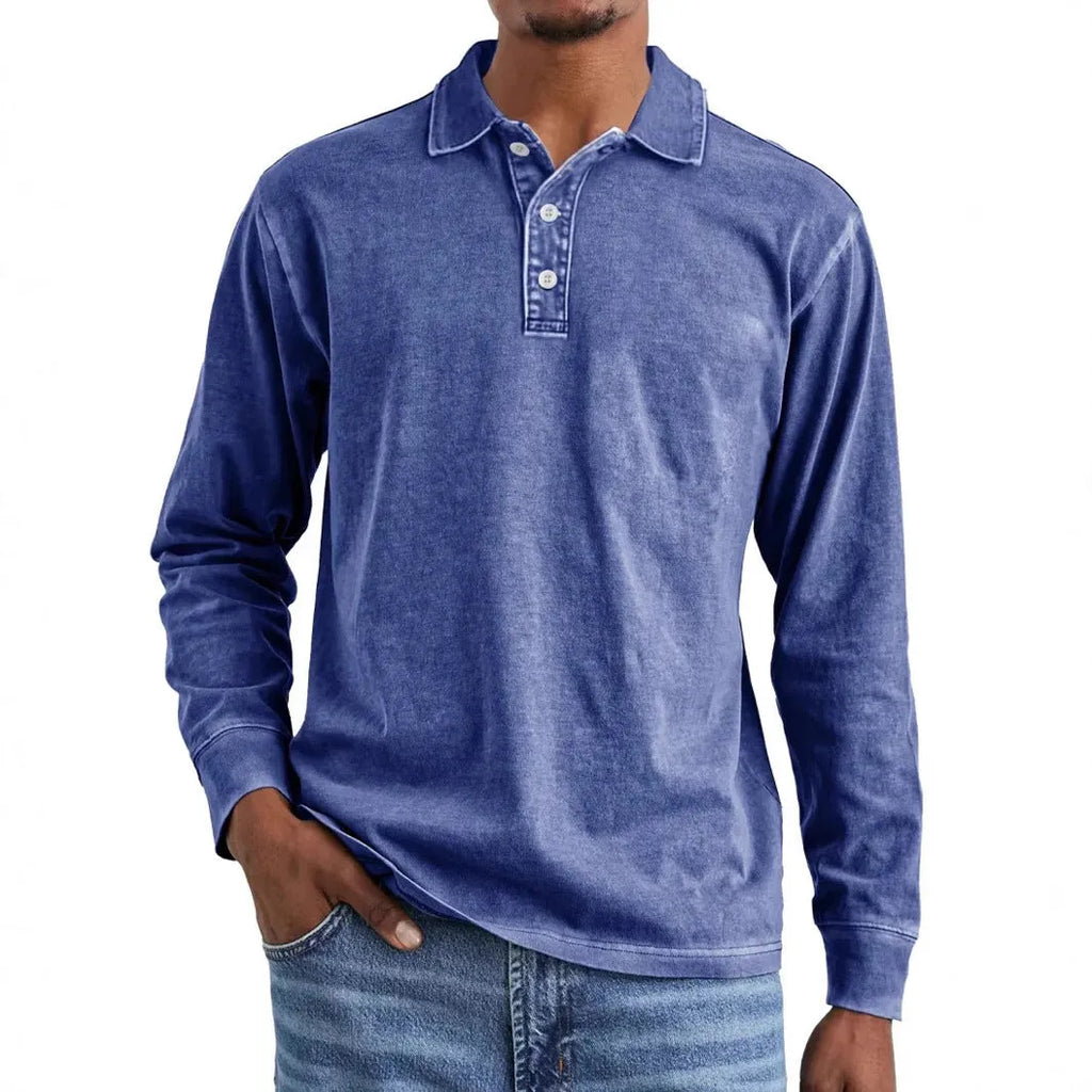 Retro washed distressed pure cotton long sleeve polo shirt with lapel collar, shown in Army Green.
