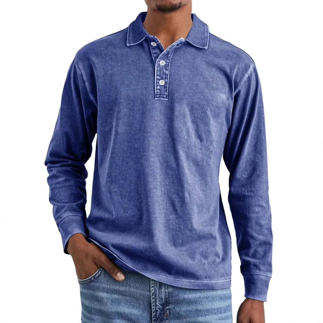 Retro washed distressed pure cotton long sleeve polo shirt with lapel collar, shown in Army Green.