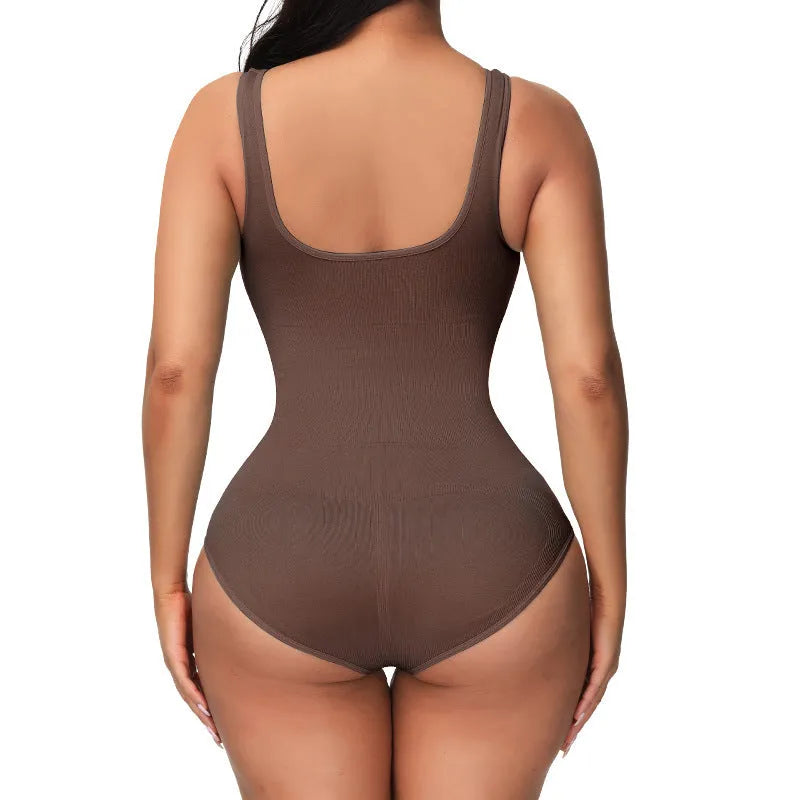 Seamless nylon bodysuit for women in apricot colour with waist support design