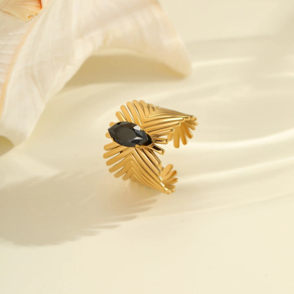 Geometric titanium steel ring with zircon stones and open adjustable band