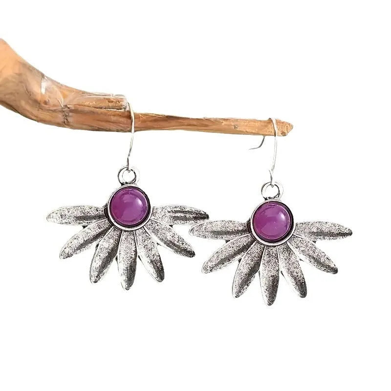 Purple resin gemstone earrings with animal zodiac design in alloy metal, bohemian style