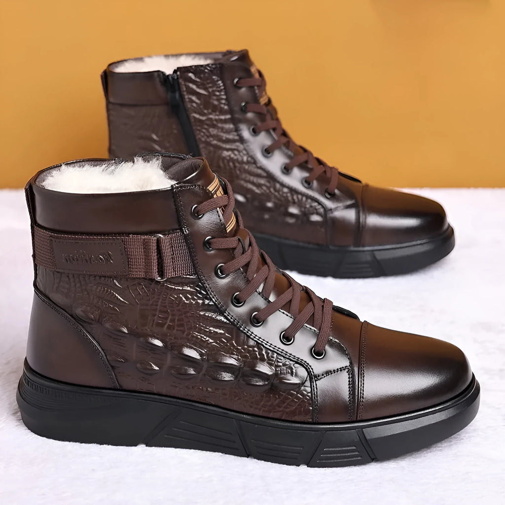 Men's black genuine leather snow boots with fur integration and velvet detailing, lace-up front closure