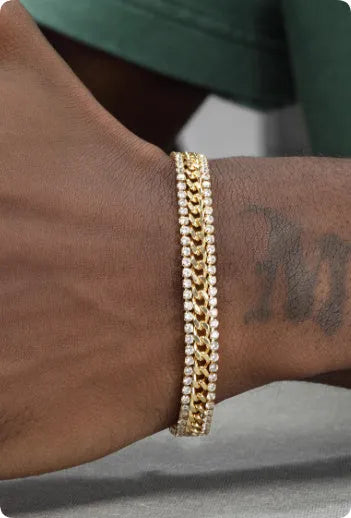 Gold electroplated tennis bracelet with artificial gemstones on titanium steel chain, European American hip hop style unisex jewellery