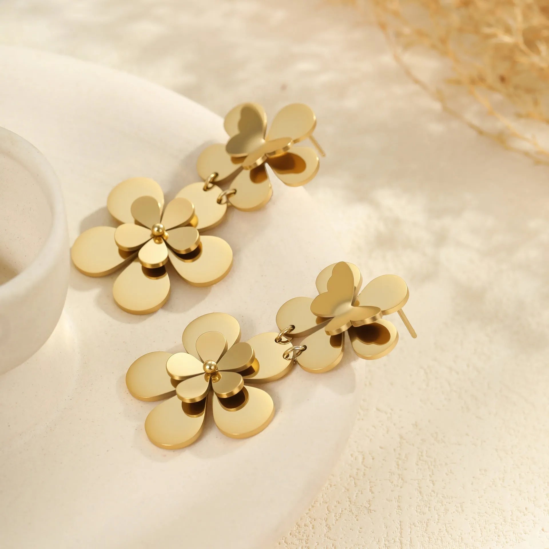 Gold flower butterfly stainless steel earrings with 18K plating for women