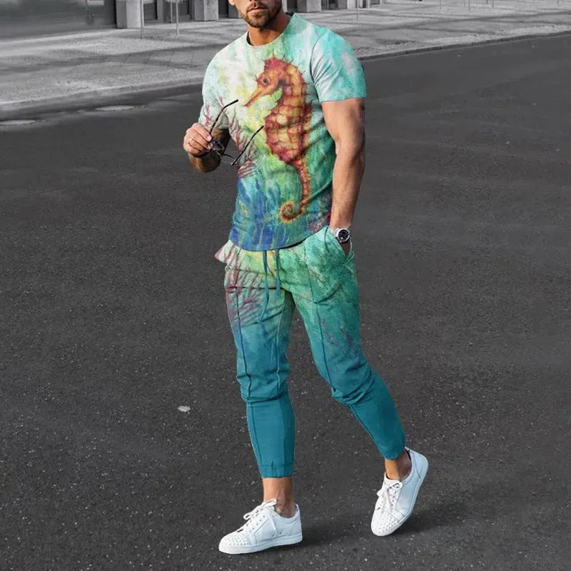 Men's short sleeve printed T-shirt and matching trousers sport suit set on a hanger.