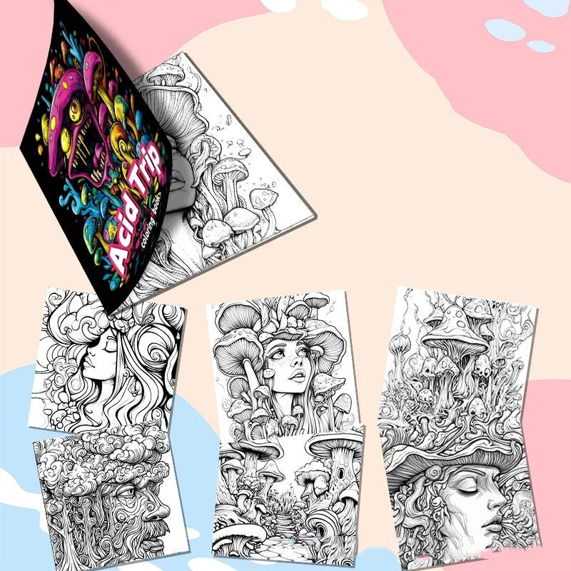 Acid Tour coloured painting book with a length of 200mm, open to show blank paper pages.
