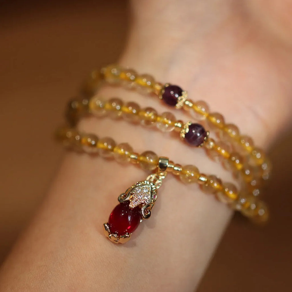 Natural Brazil gold rutilated quartz bracelet with three rings and hanging chopsticks in Chinese style