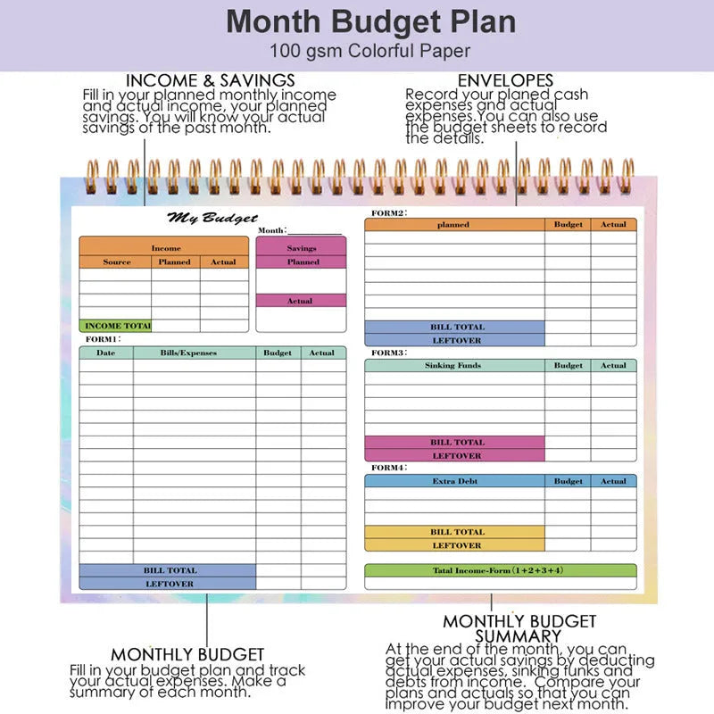 B5 size spiral bound budget tally book with a PP cover, open on a table.
