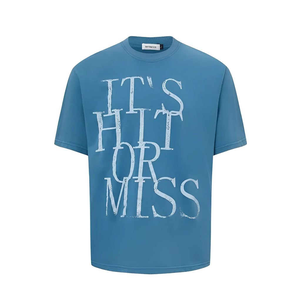 Men's blue American retro letter print loose fit cotton blend T-shirt front view