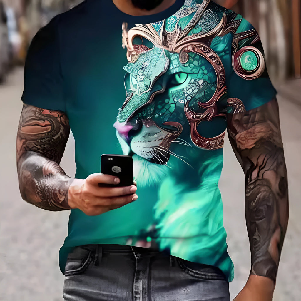 Men's black t-shirt with a large, textured 3D lion print on the front.