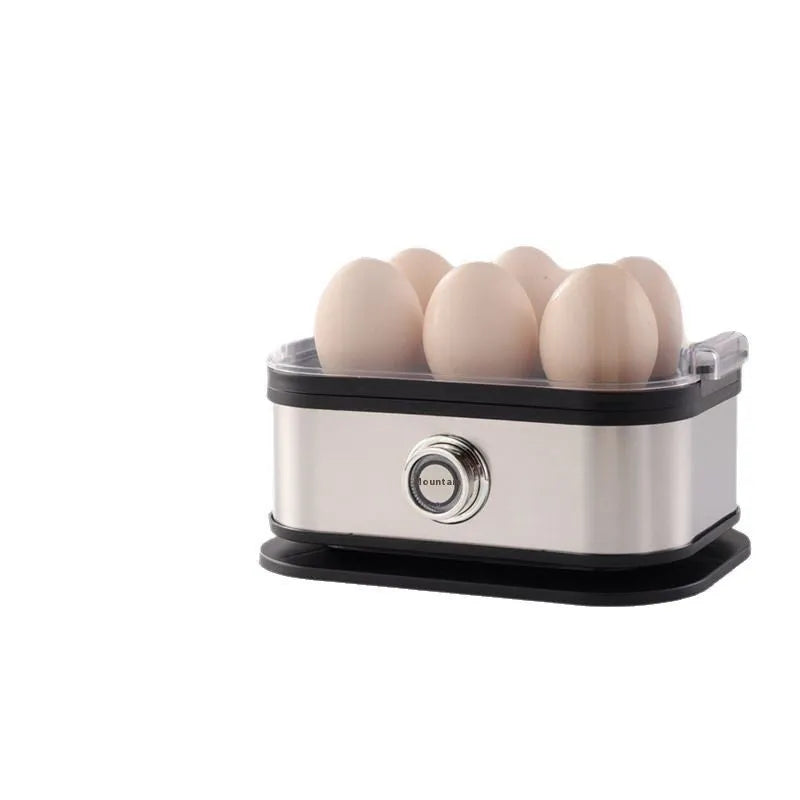 Black stainless steel mini portable egg boiler on a white background.