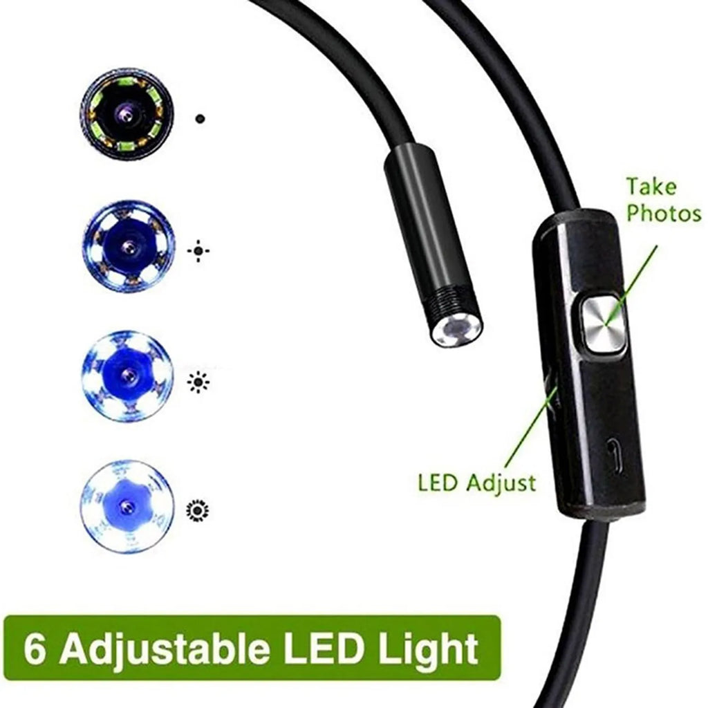 USB Android mobile phone endoscope with flexible cable, waterproof probe, magnet, hook, and side mirror accessories