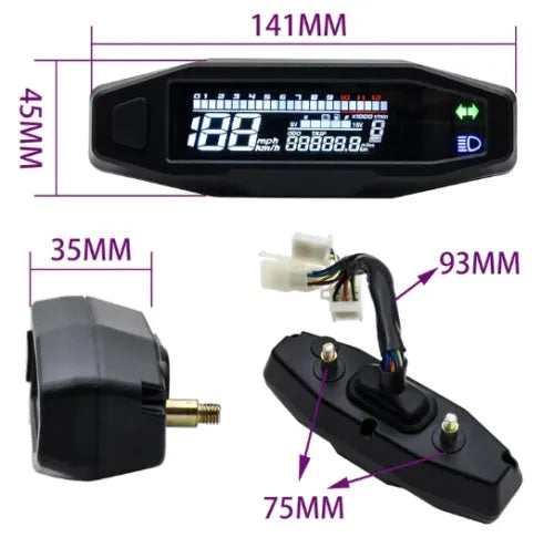 Black motorcycle mini speedometer with LCD display showing speed and oil levels