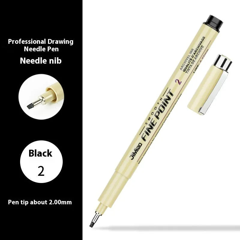 Waterproof hook tip needle drawing pen with black ink for sketch and cartoon line art.