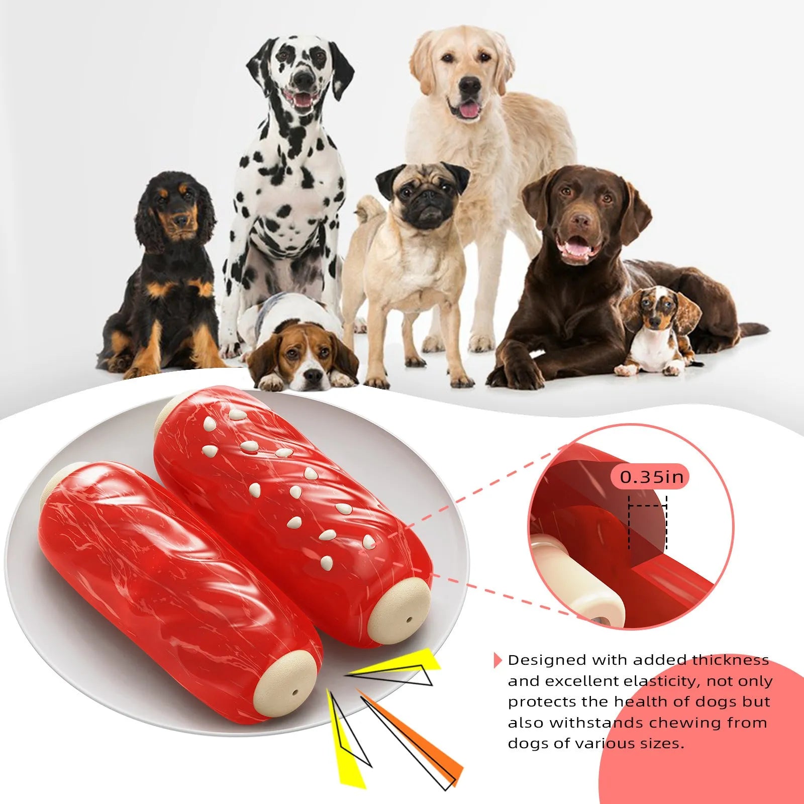 Primary colour plastic molar rod dog chew toy for dental cleaning and teething relief.