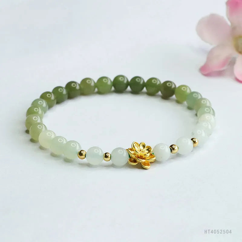 Ancient style Hetian jade bracelet with sunshine water gradient colour and flower-shaped beads