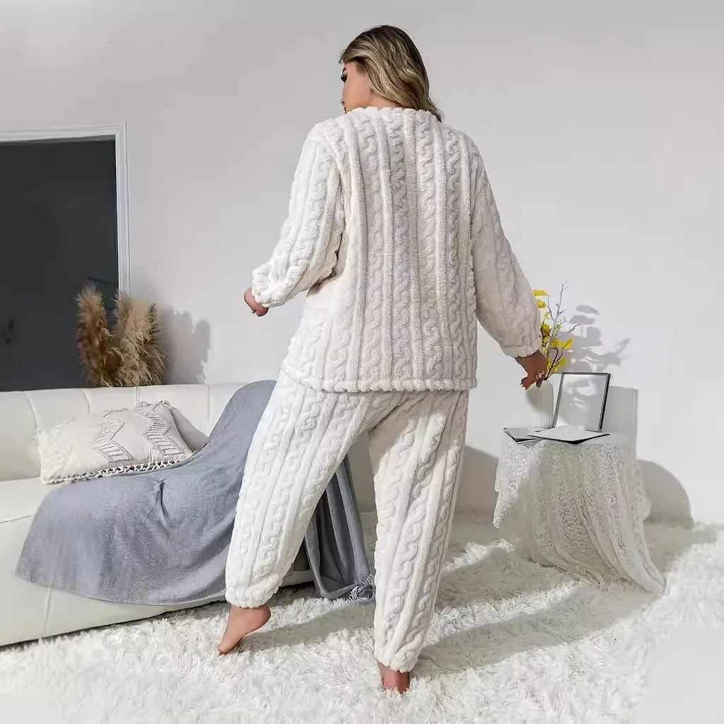 Women's milky white polyester lounge set with crew neck top and matching trousers