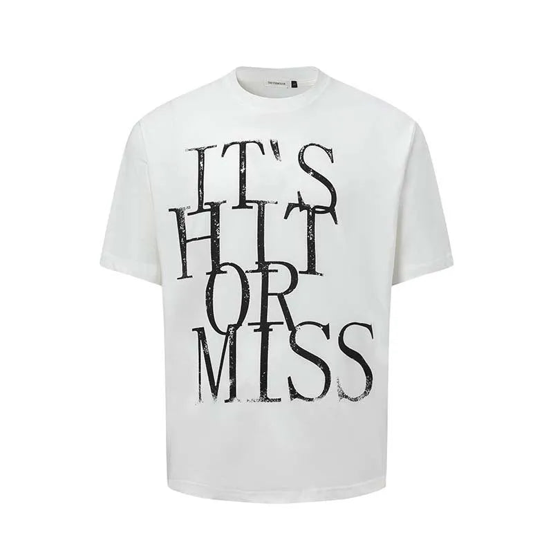 Men's blue American retro letter print loose fit cotton blend T-shirt front view