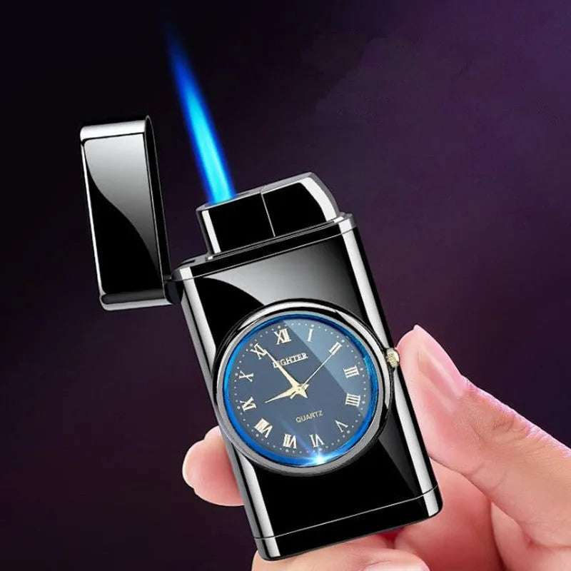 Multifunctional metal electronic lighter with watch display and LED flash lamp in black brushed finish.